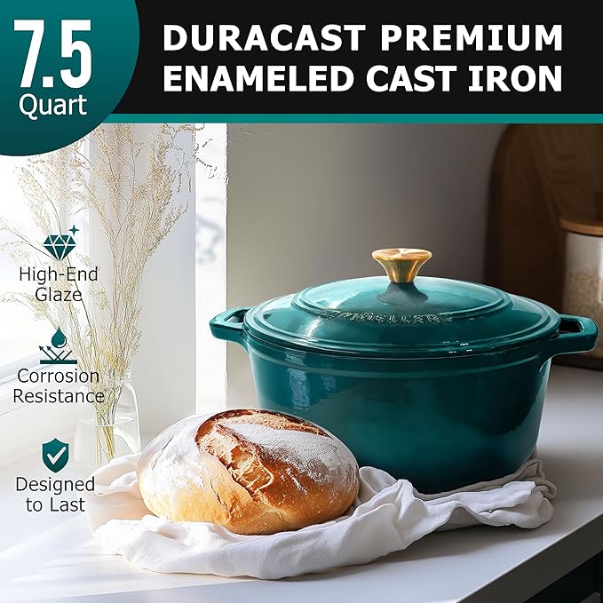 MUELLER HOME 7.5 QT Enameled Cast Iron Dutch Oven, Heavy-Duty Casserole Dish and Braiser Pan with Lid and Stainless Knob, Oven-Safe up to 500° F & Across All Cooktops, Emerald
