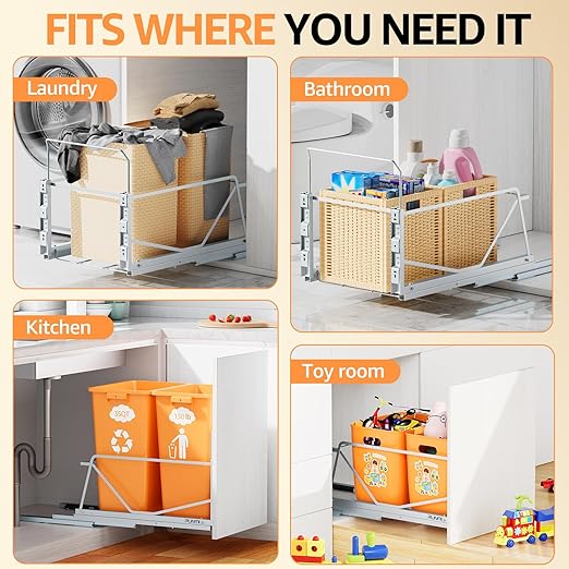 35 Qt Double Pullout Trash Can with Soft-Close Slides, Twin Mode Under Sink Garbage Bin Kit with Door Mounting for Kitchen Cabinets, Trash Can Not Included, Requires 16" W X 23" D Cabinets