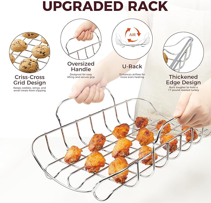 HONGBAKE Roasting Pan with Rack, 17.6×11 Inch Nonstick Roaster Pan for 17 lb Turkey, Chicken and Lasagna, Deep Turkey Pan for Oven, Heavy Duty Oven Roaster Tray, Wider Handles, Gray