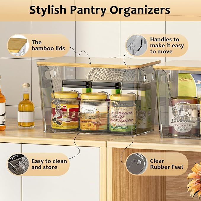 Delamu 2 Set Pantry Organizers and Storage,Trash Bag Dispenser with Bamboo Top,Stackable Trash Bag Dispenser Under Sink Organizer for 4-30 GalBags,Onion,Potato,Fruits,Gray(11.22" L*7" W*7.12" H)