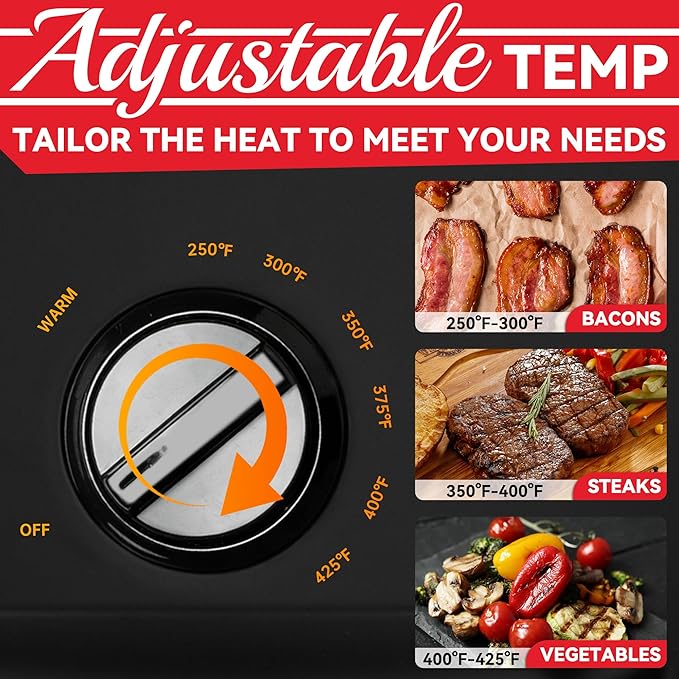 SugarWhisk Family-sized Contact Grill, 6-Serving Electric Indoor Grill with Adjustable Temp Control, Ceramic Coating, 1500W, Graphite