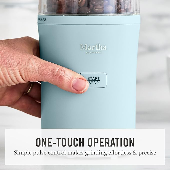 Martha Stewart Electric Coffee & Spice Grinder, Dual 2.5oz Removable Bowls, Storage Lids, Stainless Steel Blades, One Touch Pulse Control, 2-in-1 Compact, Beans & Spices, Herbs & Nuts, Sky Blue