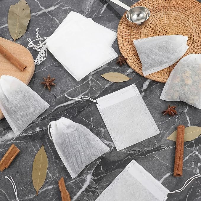 100Pcs Tea Bags for Loose Leaf Teas, Disposable Tea Bags, Disposable Non-Woven Filter Bag with Drawstring for Herbal, Coffee, Spice(3.15x3.94Inch)