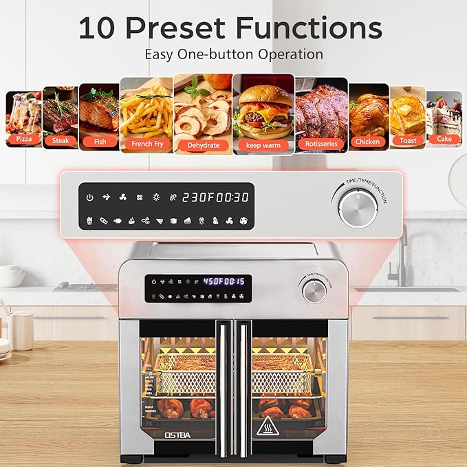 OSTBA French Door Air Fryer Toaster Oven Combo, 24 QT Extra Large Capacity 10-in-1 Airfryer Oven, 30% Faster 90% Less Oil, 102 Recipes & 7 Accessories, Stainless Steel