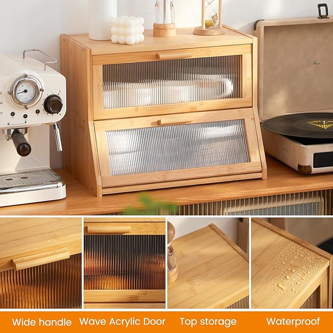 GHWIE Double Layer Bamboo Bread Box for Kitchen Counter,Large Capacity Bread Storage Bin,Bread Container with Acrylic Wavy Door Panel (Natural, Medium)