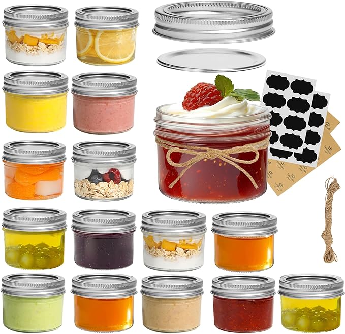 ComSaf Mini Mason Jars Bulk 4oz 16PCS, Regular Mouth Mason Jar with Lids and Seal Bands, Small Glass Canning Jar for Spice, Jam, Honey, Jelly, Dessert, Shower Wedding Favors, DIY Candles Decor