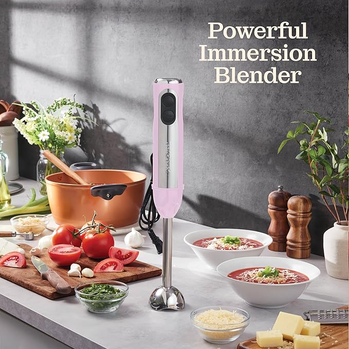 Powerful Immersion Blender, Electric Hand Blender 500 Watt with Turbo Mode, Detachable Base. Handheld Kitchen Blender Stick for Soup, Smoothie, Puree, Baby Food, 304 Stainless Steel Blades (Pink)