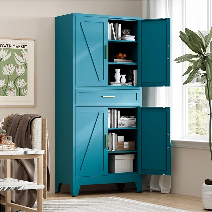 71" Tall Pantry Storage Cabinet with Drawer and Adjustable Shelves, Freestanding Tall White Kitchen Cupboard Storage Cabinet for Kitchen,Dining Room, Living Room, Blue