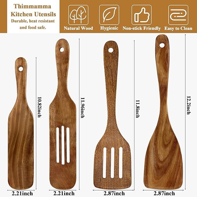 Wooden Spatula, Heat Resistant Cooking Wood Spatulas Spurtles for Non Stick Cookware Kitchen Use, Handmade Non Toxic Teak Wooden Cooking Utensil Spurtle Set for Cast Iron Baking Flipping, 4 Piece