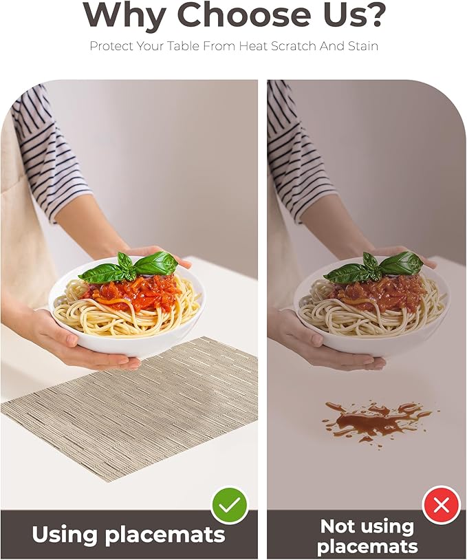 Leetaltree Light Brown Placemats Set of 6 - Heat Resistant Non-Slip Place mats for Dining Table, Washable Durable PVC Vinyl Woven Table Mats（Light Brown, 6）
