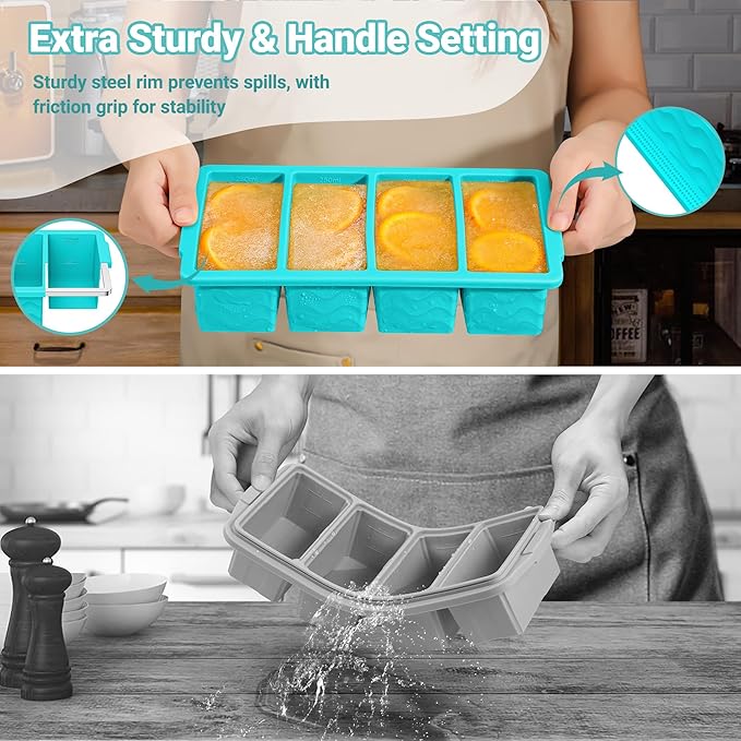 Doasuwish Silicone Freezer Tray for Soup with Lid – 1-Cup Soup Container Cube Style Ice Cube Trays for Freezer, Meal Prep & Food Storage, Freeze 250mL/125mL Portions 4Pcs (4Color)