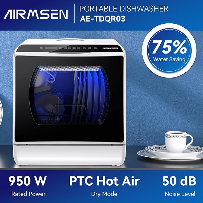 AIRMSEN Portable Countertop Dishwashers, 5 Washing Programs Mini Dishwashers with 5 L Built-in Water Tank and Double-layered Glass Door, No Hookup Needed for Home, Apartments & RVs