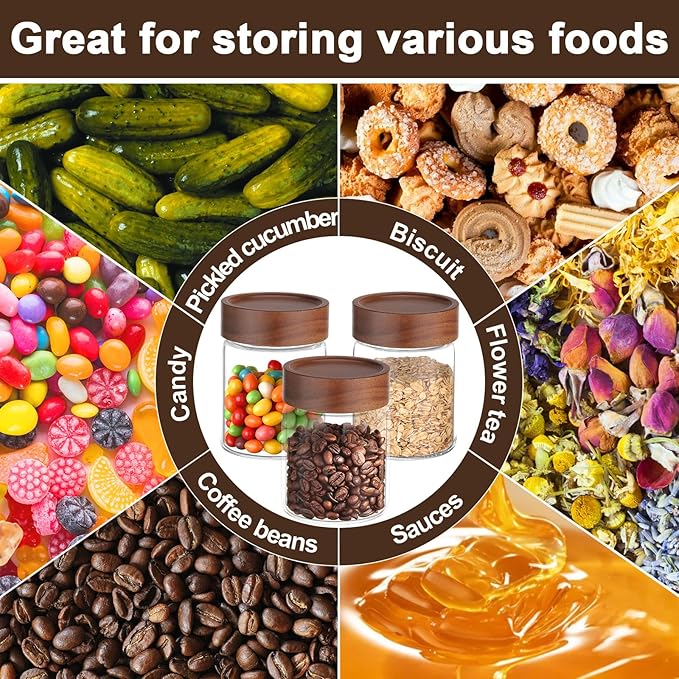 11oz Glass Jar with Wood Lid, 2 Pack 320ml Glass Canister with Airtight Lids, Wooden Screw Top Coffee Jars Clear Kitchen Pantry Containers for Sugar, Tea, Overnight Oats, Bean, Candy, Cookie