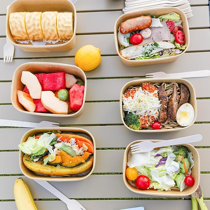 MINCOCO 50 Count Disposable Paper Bowls with Lids Meal Prep Containers 【Includes 50 Wooden Forks + 100 Labels】 Salad Food Containers Freezer & Microwave Safe Leakproof Soup Bowls (25 Ounce, 50-Count)