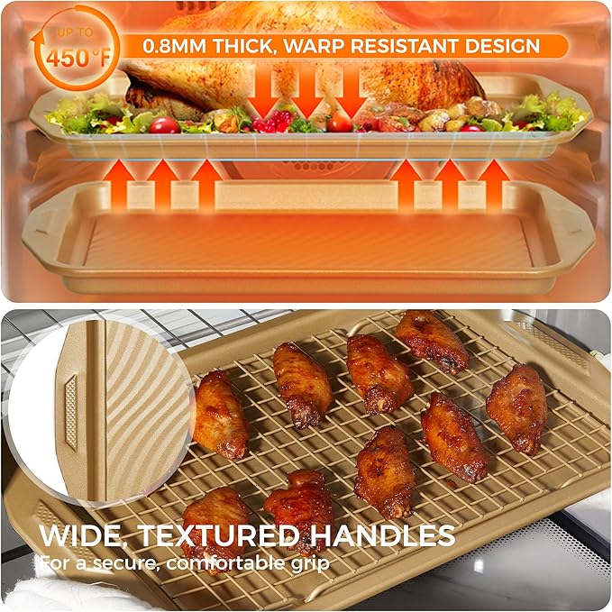 HONGBAKE 9-Piece Non Stick Baking Pans Set with Wave Texture for Reduced Oil, 0.8mm Thick Non Toxic Bakeware Sets, Includes Stackable Cookie Sheets for Oven Cooking, Cake Pan, Muffin Pan, Gold
