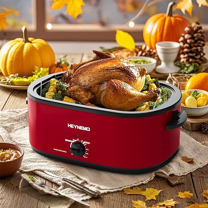 24 Quart Electric Roaster Oven with Visible & Self-Basting Lid, Large Turkey Roaster with Defrost Warm Function, Adjustable Temperature, Removable Pan Rack, Stainless Steel
