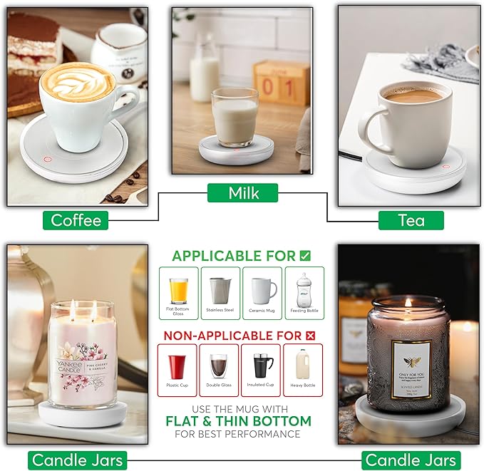 Coffee Mug Warmer with Auto Shut-Off – Compact 17W Cup Warmer for Desk with Gravity Switch – Electric Candle Warmer Plate for Jar Candles – Keeps Coffee, Tea & Drinks Warm – Safe & Durable (White)