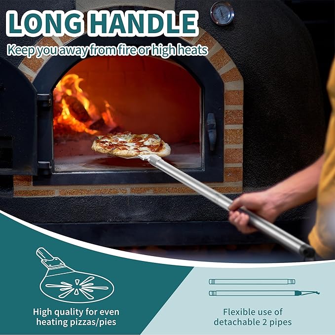 Stainless Steel Pizza Turning Peel 8-Inch, HaSteeL Round Pizza Turner Paddle, Perfortaed Pizza Spinner Spatula with Long Detachable Handle, Dishwasher & Oven Safe