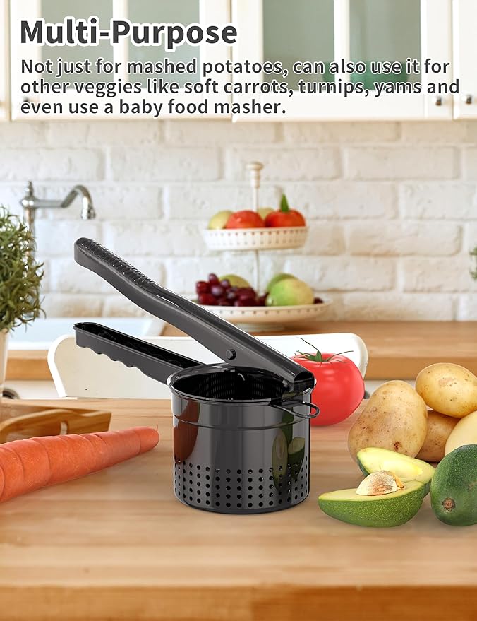 Livilord Large 15oz Potato Ricer, Heavy Duty Stainless Steel Ricer for Mashed Potatoes, Sweet Potato Masher Kitchen Tool with Ergonomic Handle, Press and Mash Kitchen Gadget, Black