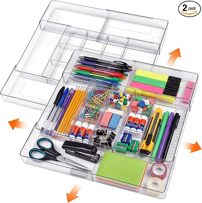 Briwooody 2 Pcs Large Expandable Acrylic Drawer Organizers, Grid Adjustable Drawer, Dividers Organizer for Desk, Makeup, Jewelry, Office, Kitchen Supplies (Clear,15 Compartments)