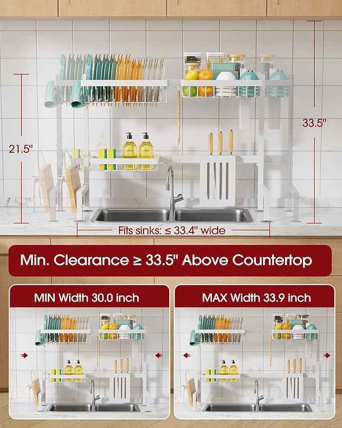 Over The Sink Dish Drying Rack - Adjustable 2 Tier Large Capacity Stainless Steel Drainer with Cutlery & Utensil Holders, Kitchen Storage & Organization, 30"-33.9" L x 11" W x 21.5" H, White