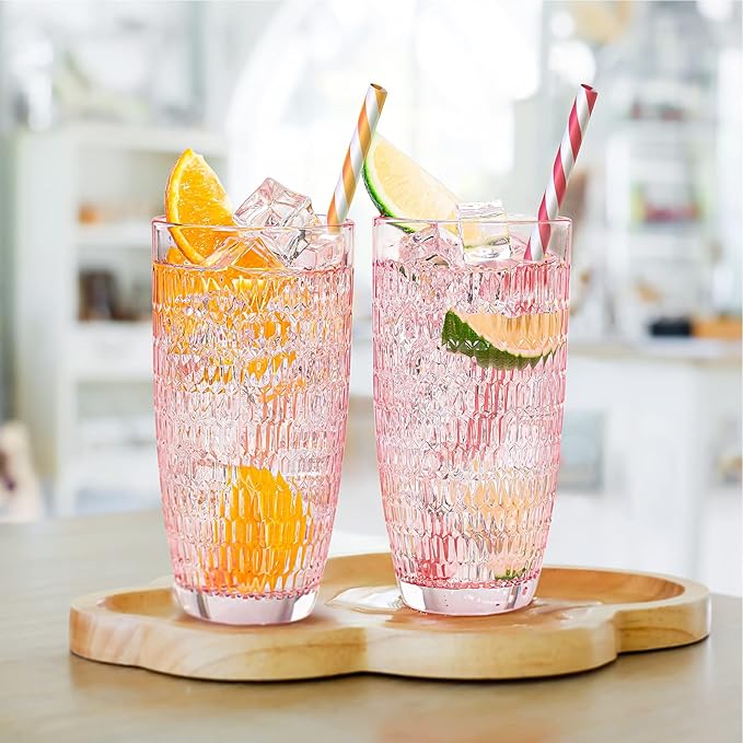 CREATIVELAND Highball Beverage Glasses Set of 6 Romantic PINK Colored Thick & Heavy Base Big Capacity 14.87oz|440ml, Drinking Glass Tumblers for Iced Tea, Water, Soda & Juice and Cocktails etc