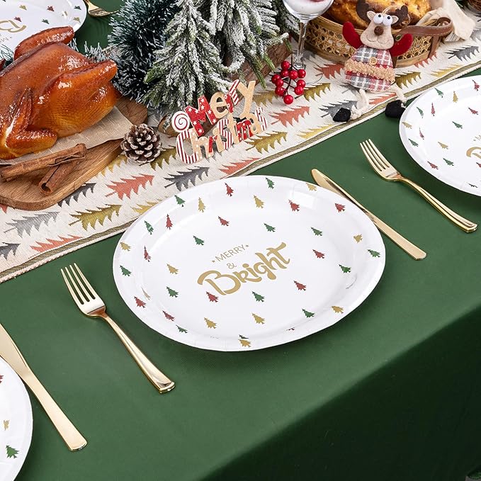 WDF 100 Pack Christmas Paper Plates - 10" x 12"Disposable Christmas Plates Disposable with Christmas Trees-Large Oval Paper Plates Heavy Duty- Party Plates for Christmas