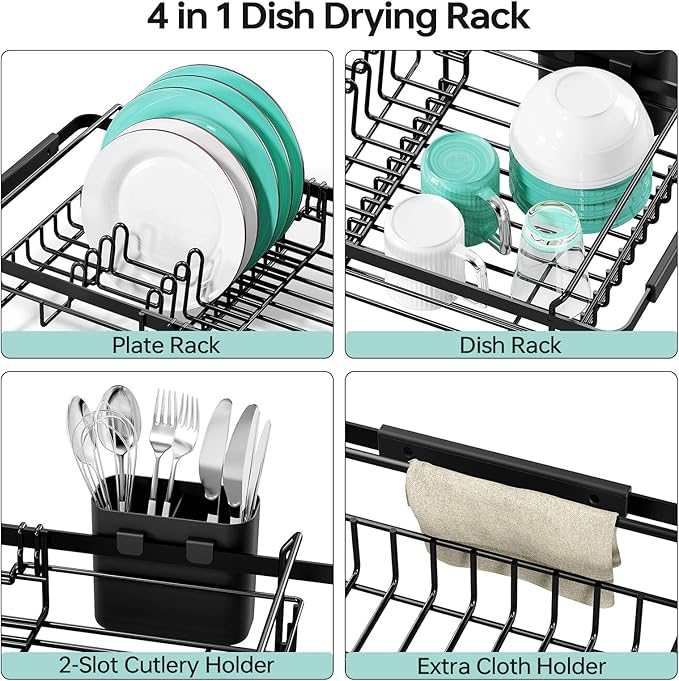 Urackify Dish Drying Rack in Sink - Expandable (14.5''-18''L) Over The Sink Dish Rack with Utensil Holder, Space-Saving Dish Drainer for Kitchen Counter, 1 Piece, Matte Black