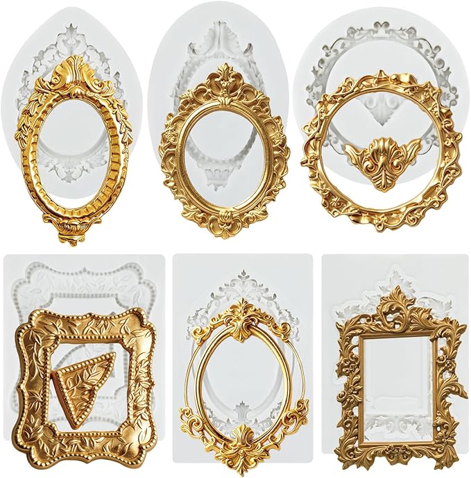 Picture Frames Silicone Molds Photo Frame Fondant Mold Vintage Frame Mold Mirror Frames Chocolate Molds For Sugarcraft Cake Decoration Cupcake Topper Candy Polymer Clay Gum Paste Set of 6
