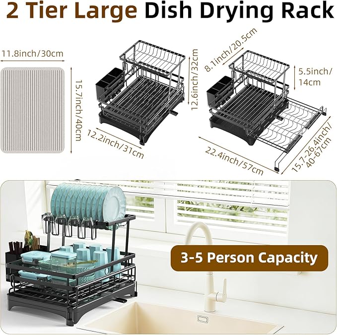 AULEEP 2 Tier Dish Drying Rack, 2-in-1 Expandable Dish Racks for Kitchen Counter, Anti-Rust Large Drainers for Kitchen Sink with Drying Mat, Cups Holder, Utensil Holder