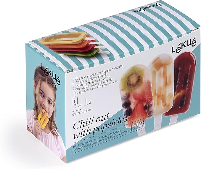 Lékué Set of 4 Large Stackable Popsicle Molds + Sticks & Lids | Homemade Freezer Ice Pops & Frozen Snacks | Flexible Platinum Silicone for Easy Fill & Unmold | Reusable & Dishwasher Safe| Multicolor