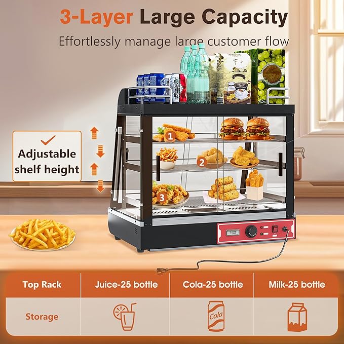 Whalefall Countertop Food Warmer with top Holder, 27 inch Commercial Food Warming Cabinet, tri-Color Lighting, w/Thermometer and Adjustable Thermostat for Cafeteria Kitchens Restaurants