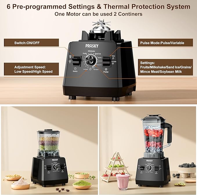 Blenders for Kitchen, Smoothie Blender, 2400W/1000W Prasky Blender & Grinder Combo, 25,000 RPM High Speed, 68oz BPA-Free Food Processor, Countertop Blender for Smoothies, Shakes & Food (Black, 2L)