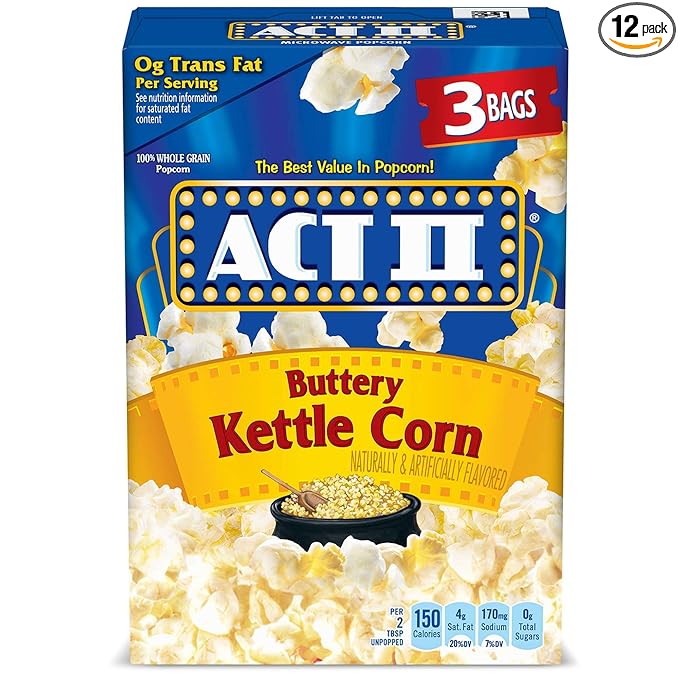 Act II Buttery Kettle Corn Microwave Popcorn, 2.75 oz., 3-Count Bags (Pack of 12)