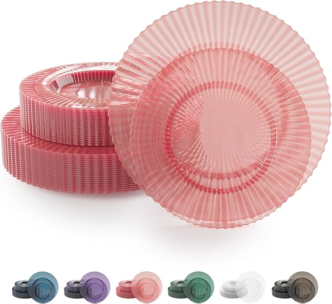 Exquisite 40 Piece Plastic Disposable Plates Set For 20 Guests I 20 X 9 Inch & 20 X 11 Inch Disposable Plastic Plates | Color: Pink | Great for Weddings Parties And Formal Occasions
