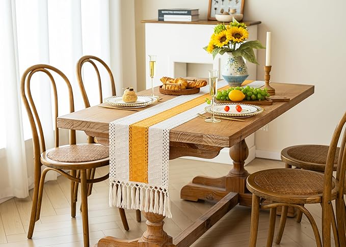 FEXIA Boho Table Runner for Fall Home Decor with Tassels 72 Inches Long Farmhouse Yellow Rustic Table Runner Macrame Burlap Table Decoration for Living Room Bridal Shower(12x72 Inches)