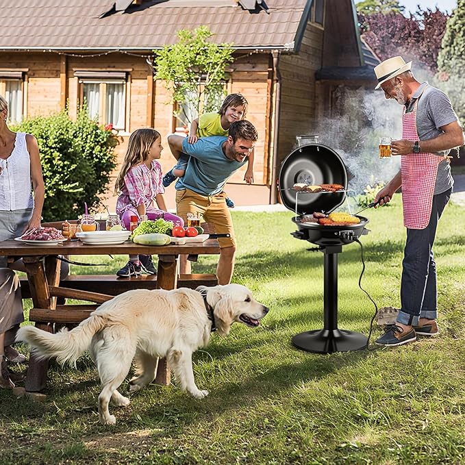 Electric Grill, CUSIMAX Electric Indoor/Outdoor Grill, 1600W Portable BBQ with Lid for Indoor & Outdoor Use, Adjustable Heat, Removable Stand Grill for Cookouts, BBQ Gatherings, Small Spaces