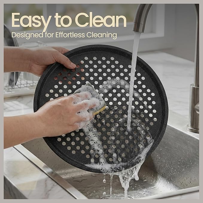 Bakken Pizza Baking Pan - Round Perforated Carbon Steel Pan with Non-Stick Marble Coating, Oversized Silicone Handle, Dishwasher Safe, High-Temperature Resistant, Durable & Easy Cleanup Gray, 2 Pack