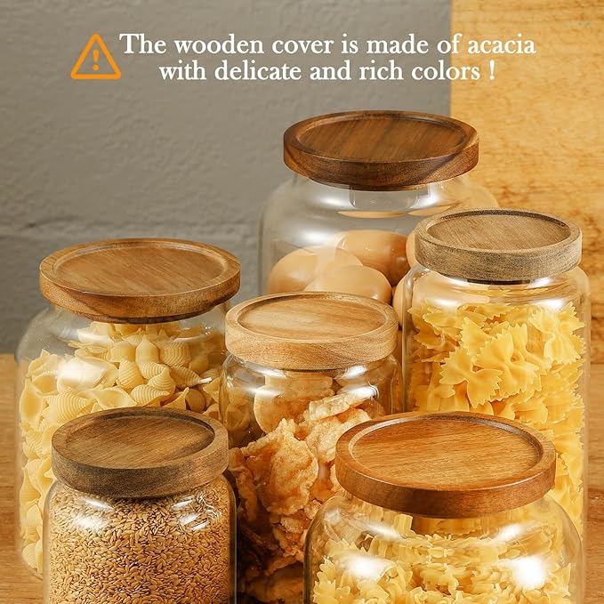 Labina Glass Storage Container Airtight Food Jars Kitchen Canister with Wood Lids, 33 Oz Wide Mouth Pantry Organization Glass Jar for Flour, Sugar, Cookie, Spagetti, Nuts and Candy (2 Pack)