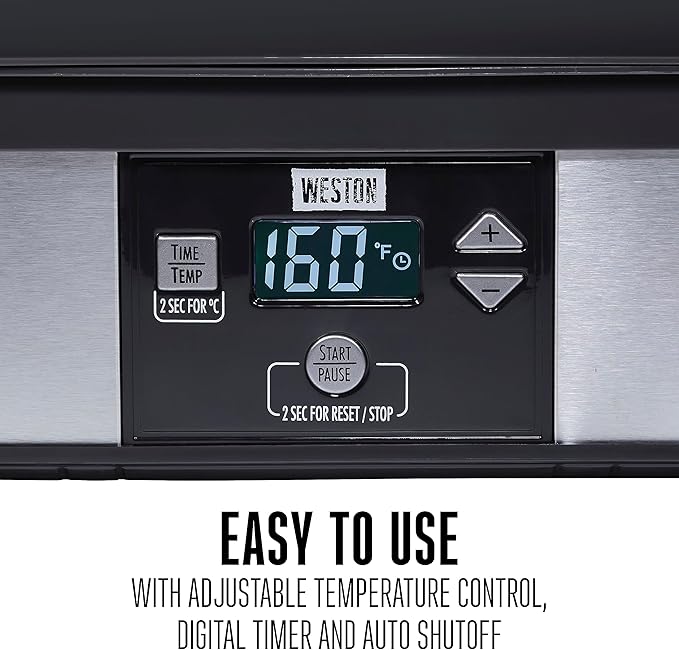 Weston Food Dehydrator Machine for Jerky, Fruit, Meat, Herbs, Vegetables, with Digital Temperature Control (100-160F), 6 Stackable Trays (7.4 sq. ft.), Black (75-0401-W)