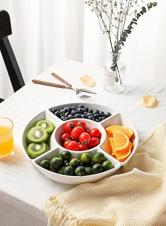 Sweese Porcelain Chip & Dip Serving Set - Divided Platter with 5 Compartments, Relish Tray for Snacks, Veggies, Candy - Durable, Microwave & Dishwasher Friendly - Elegant White Design for Parties