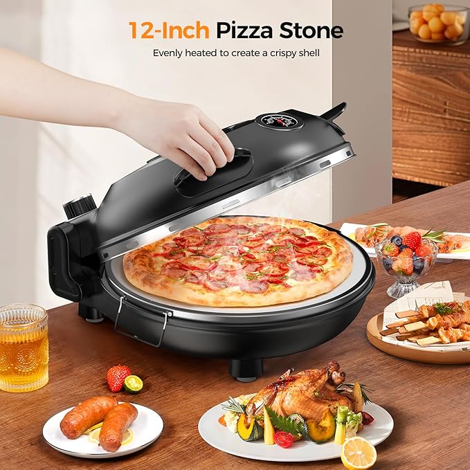 Pizza Oven Indoor Portable, 12 Inch Countertop Indoor Pizza Oven, Pizza Maker Machine For Home, Pizza Cooker with Timer And Temperatures Control Mini Smart, Black, CZP-12SWT