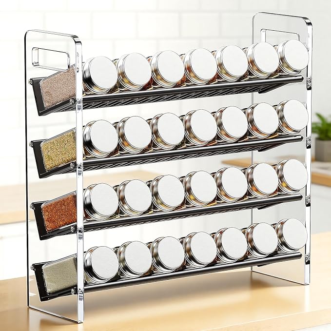 Nieifi Transparent & Black Spice Rack Rustproof, without Seasoning Jars,4-Tier Transparent ABS Plastic Spice Rack Organizer for Cabinet and Countertop,Thickened Corrosion-Resistant-Tiered Kitchen