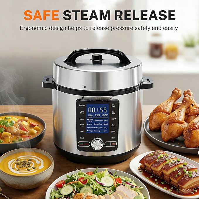 Simple Deluxe 6.34Qt 24-in-1 Electric Multi Cooker, Stainless Steel Pressure Cooker with Non-Stick Pot, Ideal for Slow Cook, Steam, Rice, Bake, Porridge, Meat & Poultry, Dishwasher Safe, Silver