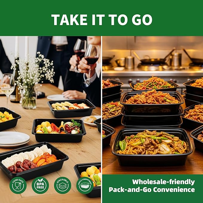 Meal Prep Containers, 50 Pack 38oz (100-Piece) Extra Thick Disposable Take Out Food Storage Containers with Lids, Large Plastic To Go Lunch Boxes, BPA Free, Microwave/Dishwasher/Freezer Safe