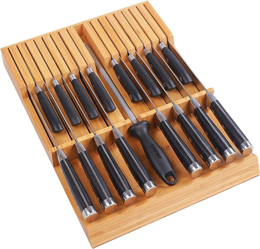 Utoplike In-drawer Knife Block Bamboo Kitchen Knife Drawer Organizer Large, handle Steak knife Holder without Knives, Fit for 16 Knife and 1 Sharpening Steel (Knives & Sharpening Not Included)