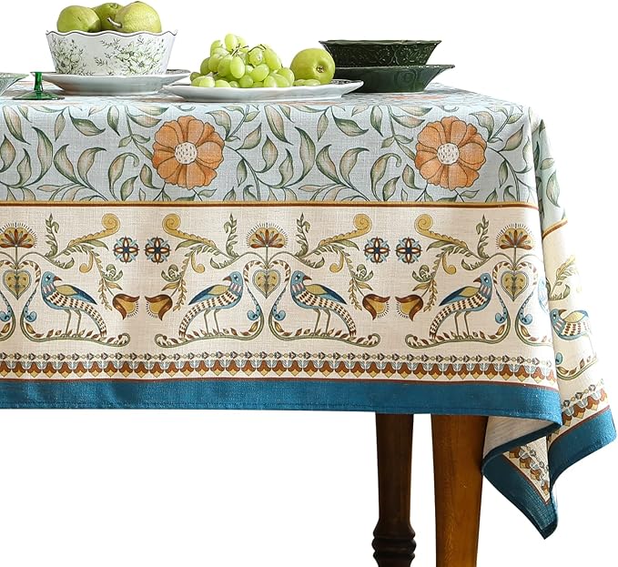patdrea Designer French Linen Blue Tablecloth for Rectangle Table,Vintage Floral Table Cloth,Colorful Decoration Fall Cover Kitchen Dining for Thanksgiving,Tea Party,Christmas,55"x87"-Wensel