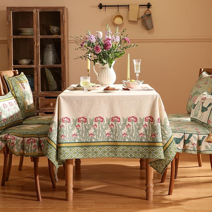 patdrea Designer Vintage Linen Long Rectangle Table Cloth,Floral Leaves Pattern Anti-Wrinkle Green Tablecloth,Decor Table Cover for Kitchen Dining Christmas,Party,Thanksgiving,55"x79"-Cecilia D