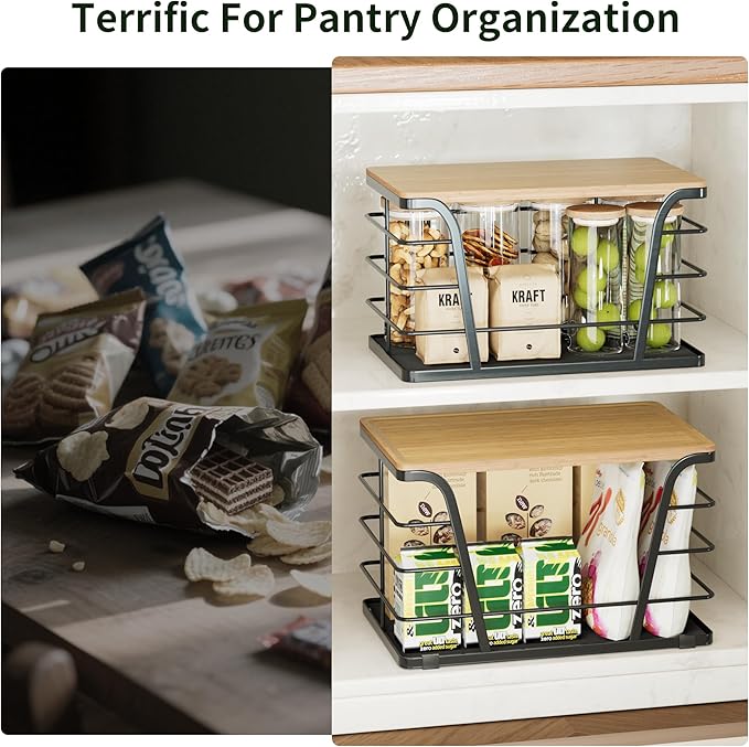 2 Pack Potato and Onion Storage Bins, Stackable Kitchen and Pantry Organizer with Bamboo Top & Lightweight PP Mat, for Vegetables, Fruit, Onion, Potato, Garlic - Pantry, Kitchen Storage Bins (Black)