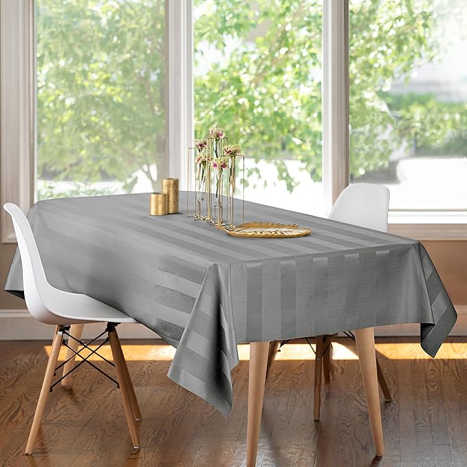 Luxury Table Protector Pad, 2 in 1 Table pad + Great Looking Tablecloth - Heat Resistant, Spill & Stain Proof - Flannel Backing (54x144, Silver - Silk Stripe)